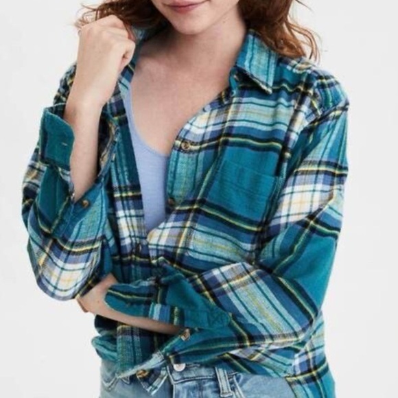 American Eagle Outfitters Tops - American Eagle Teal Plaid Boyfriend Fit Flannel Shirt Button Front Top